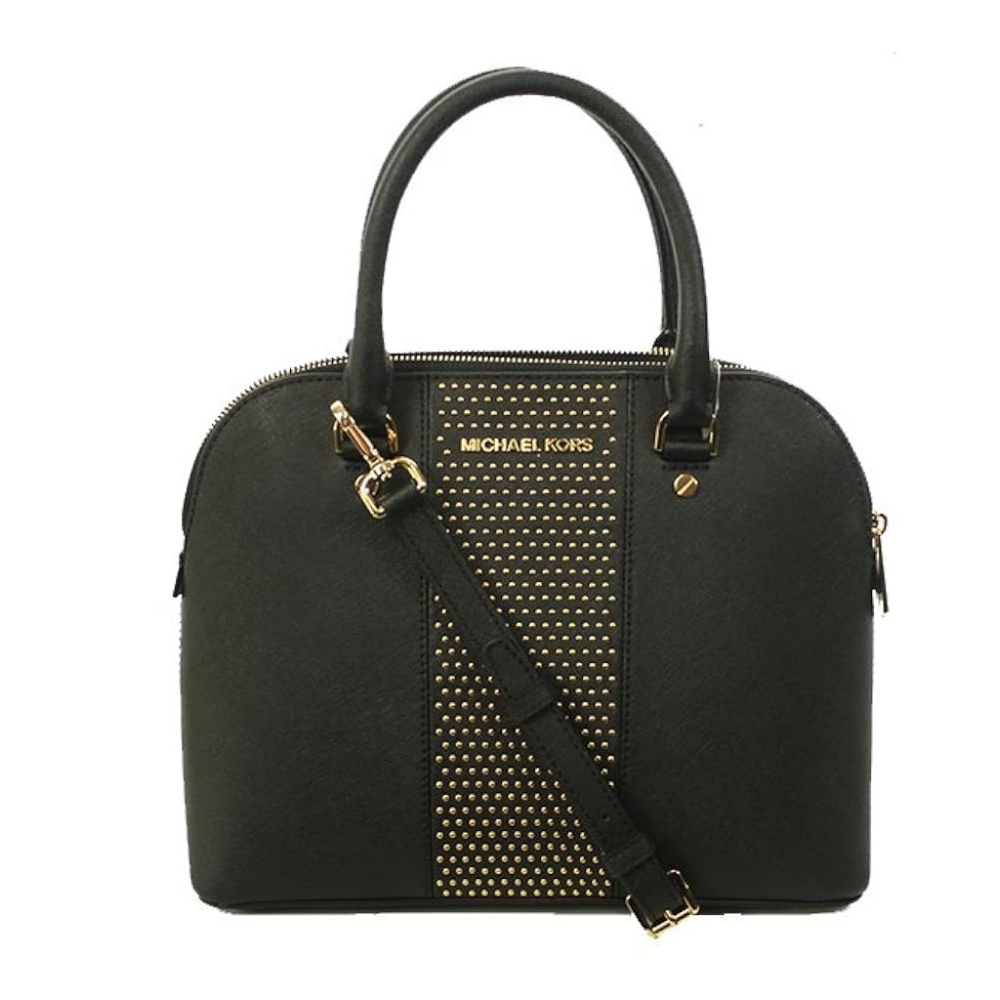 Michael Kors Studded Cindy Black/Gold Medium Dome Satchel Crossbody Purse